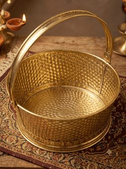 Brass Hammered Fruit & Flower Basket with Handle – Handcrafted Brass Basket