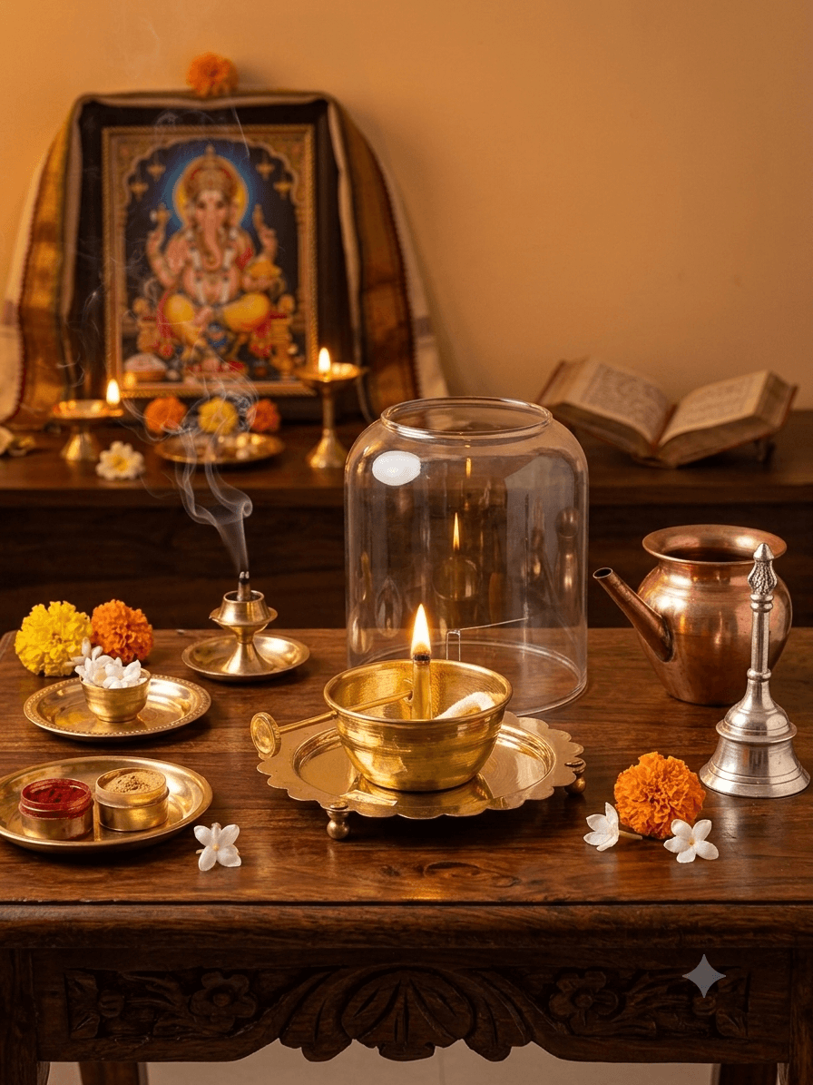 Brass Star Cutout Akhand Diya Lantern – Traditional Pooja Lamp
