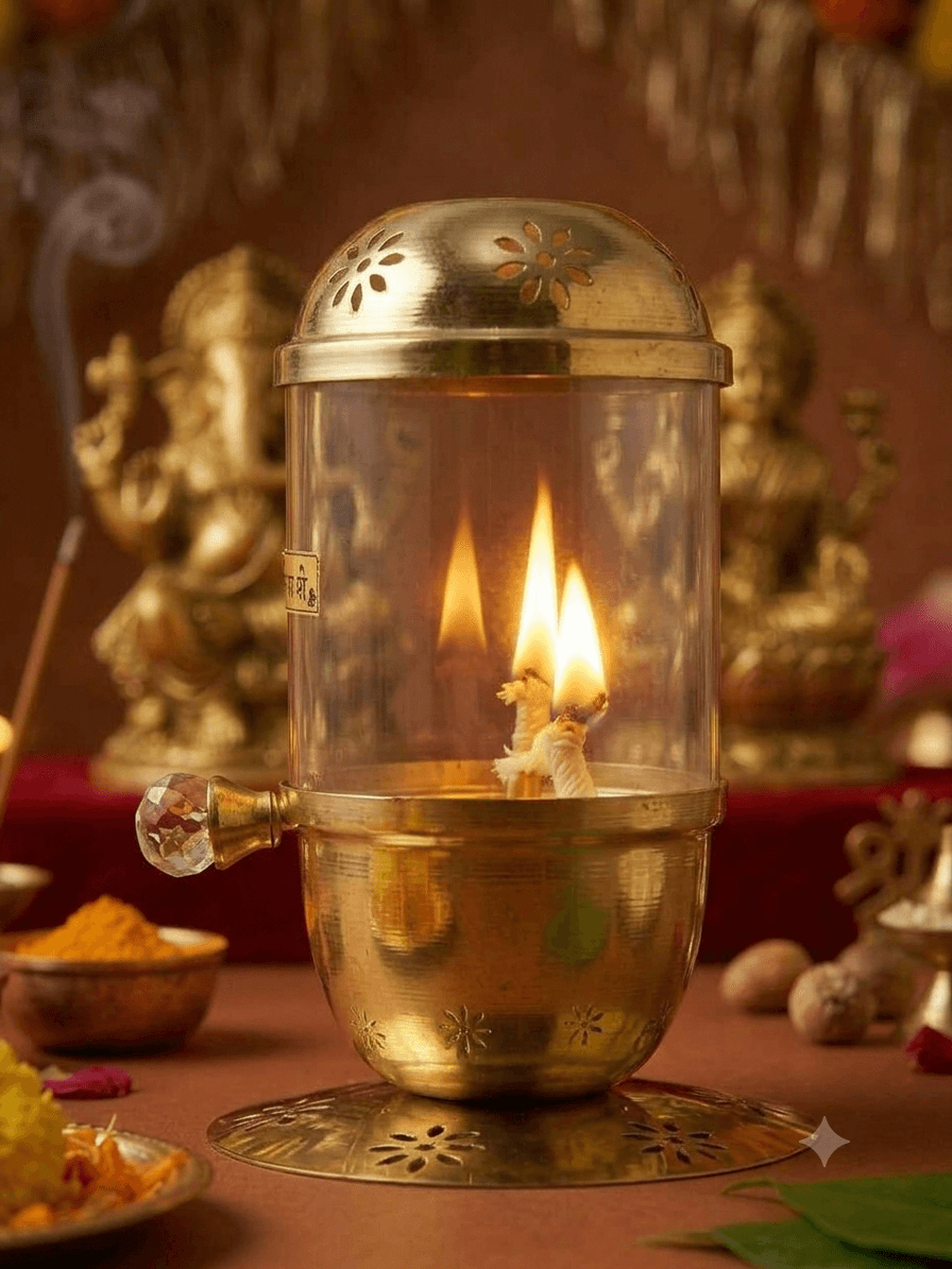 Brass Cylindrical Glass Akhand Diya – Traditional Pooja Lamp