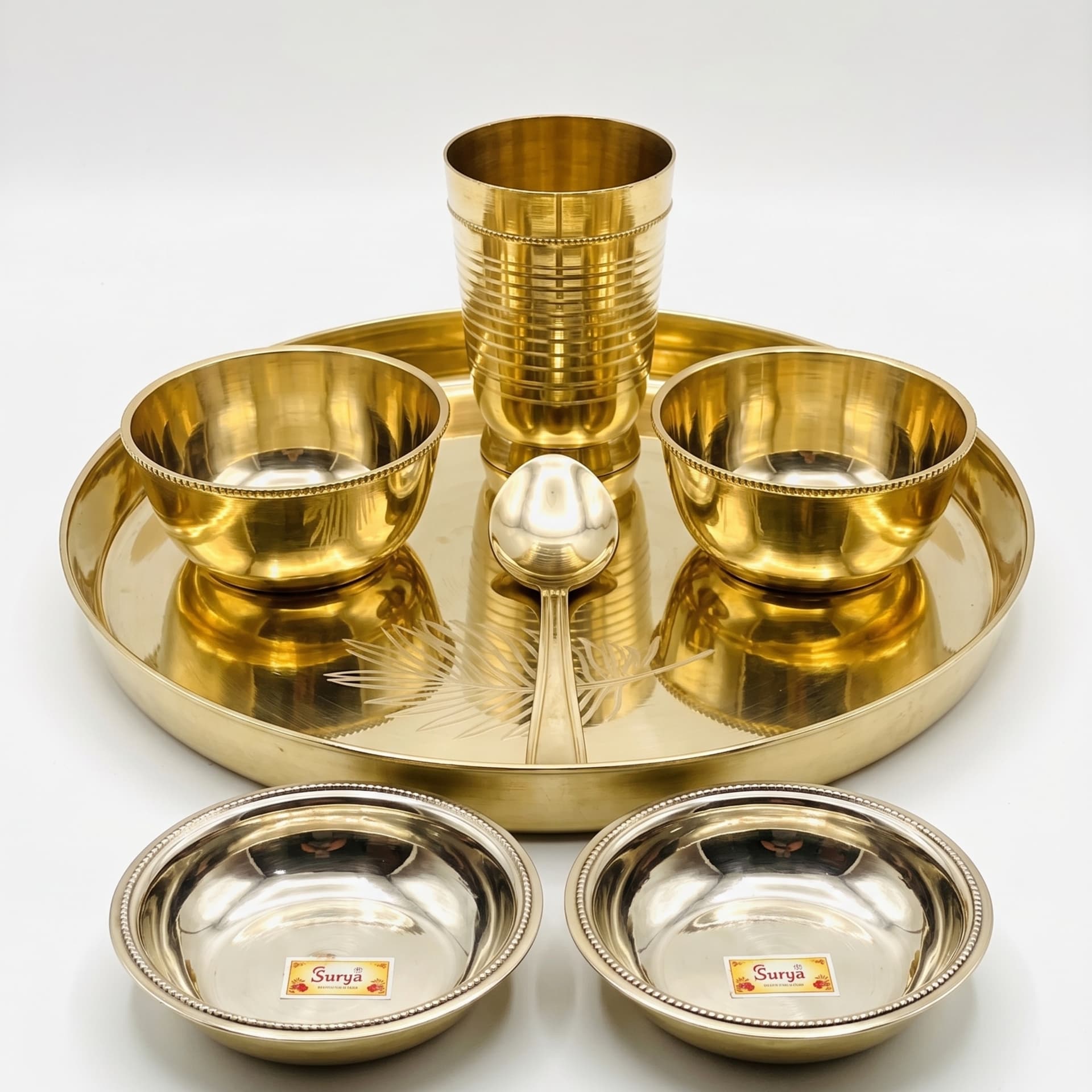 Brassify Pure Brass Dinner Set | Traditional Brass Thali Set with Bowls, Glass & Spoon for Home & Festive Dining