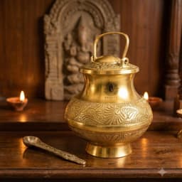 BRASSIFYL Handcrafted Brass Decorative Kalash with Lid & Spoon | Embossed Traditional Brass Pooja Pot | Luxury Indian Home Décor