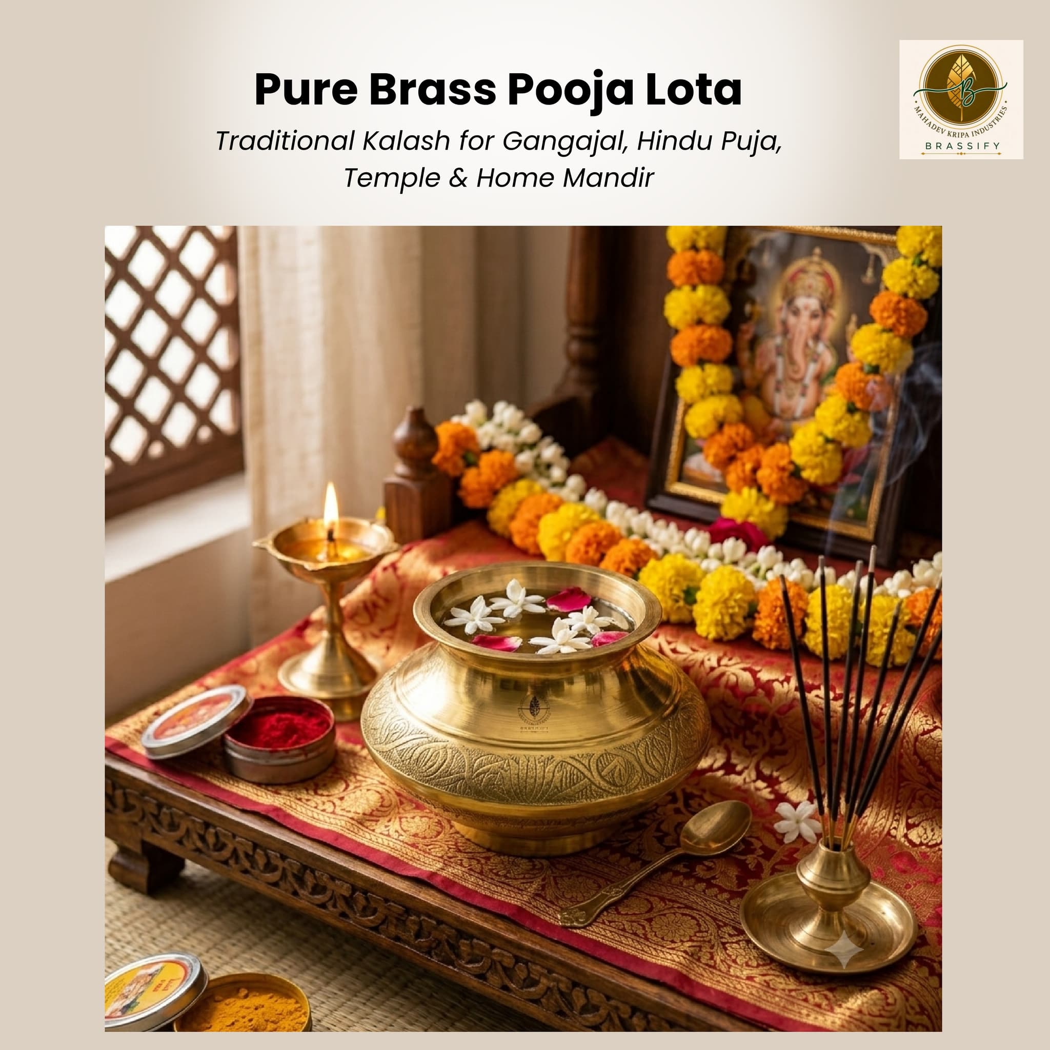 Brassify Pure Brass Pooja Lota – Handmade Peetal Kalash