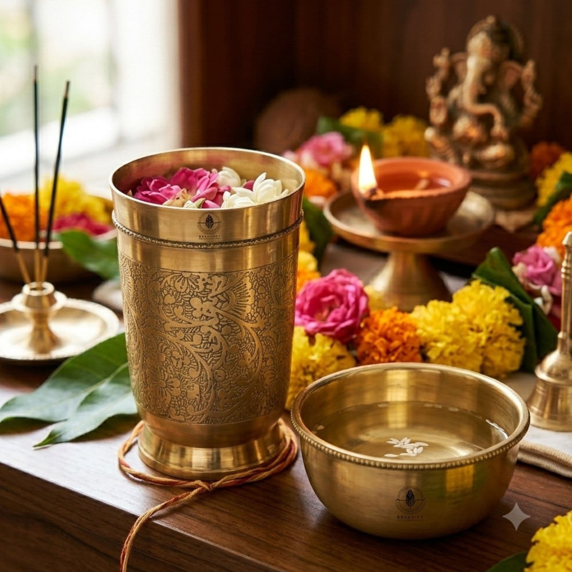 Brassify Handcrafted Brass Glass & Bowl Set – Peetal Glass & Katori