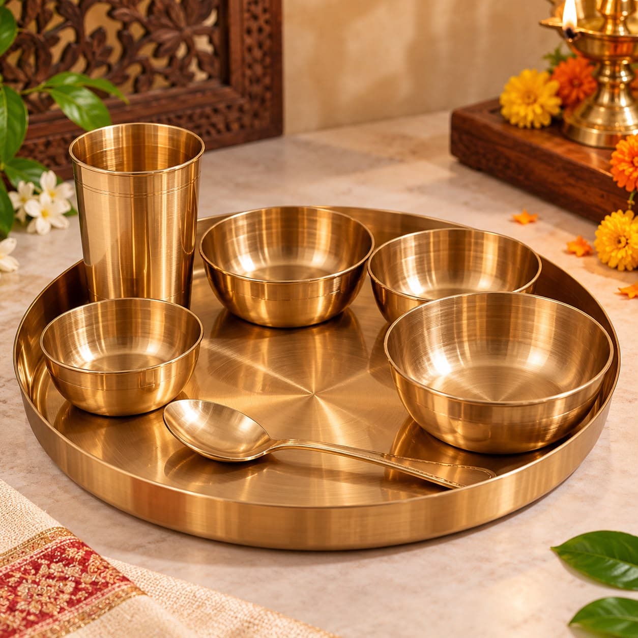 Handcrafted Pure Bronze Kansa Thali Set (6 Pieces)