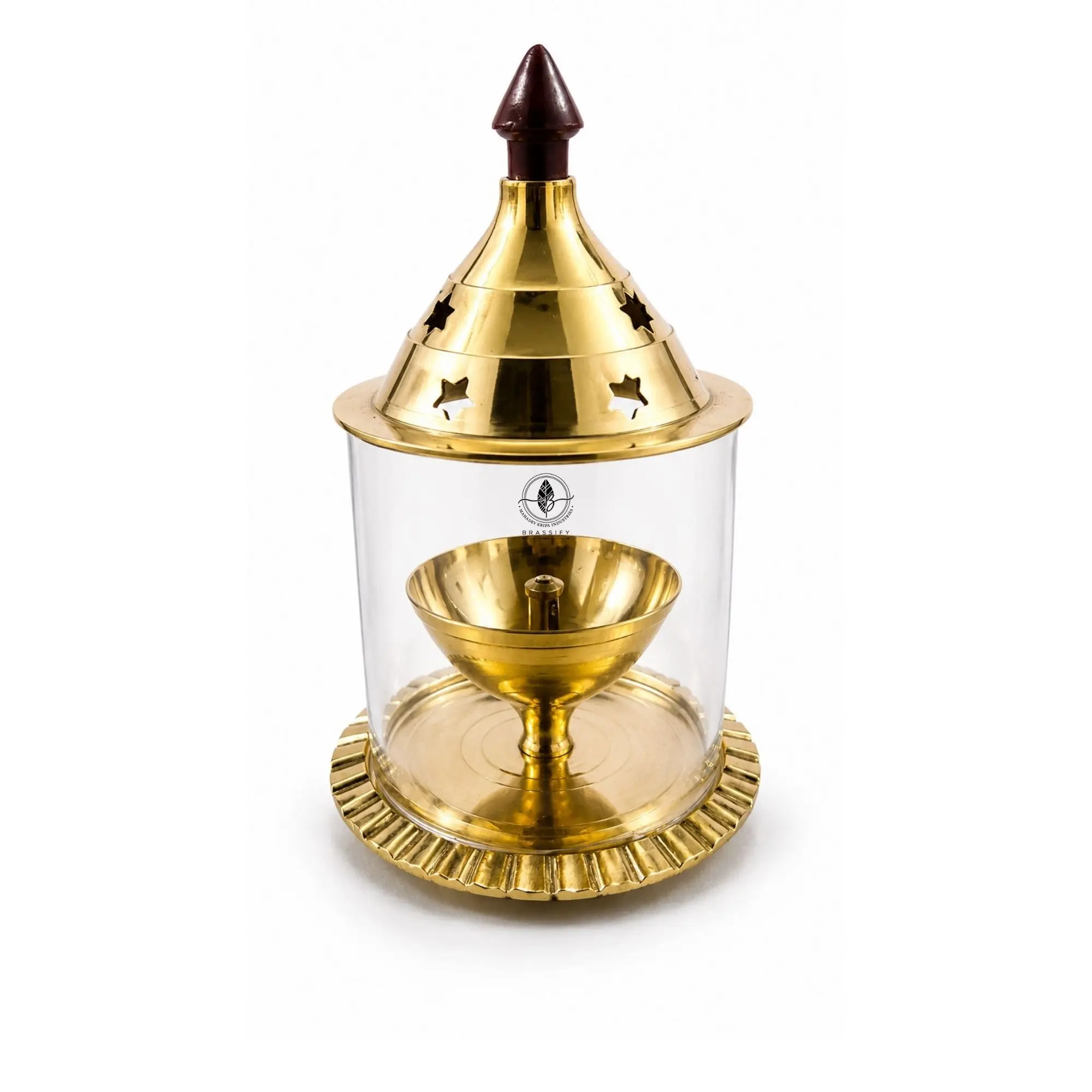 Brassify Home Genie Brass Akhand Jyot with Glass Cover & Dome Lid | Windproof Brass Diya for Home Mandir & Pooja
